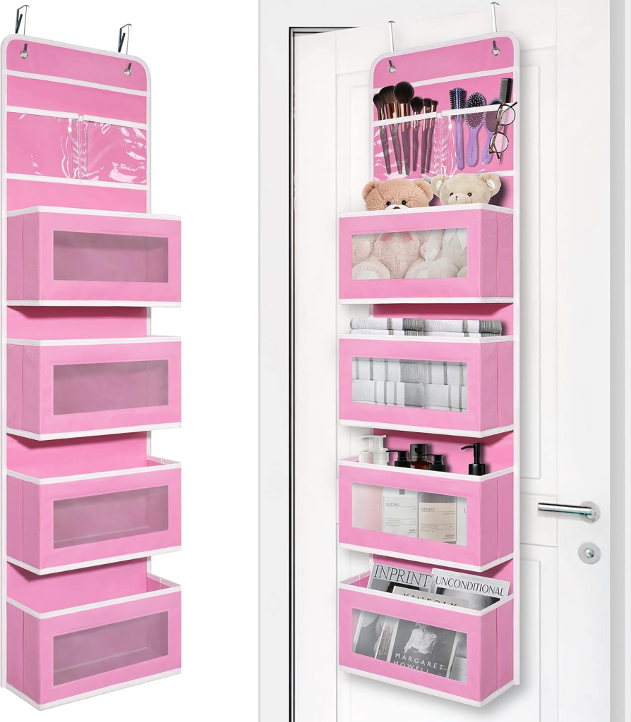 Hanging door organizer with baby items and toiletries