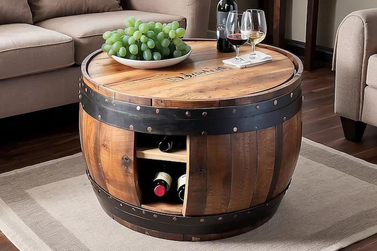 Barrel coffee table with storage, wine bottles, and decor on top