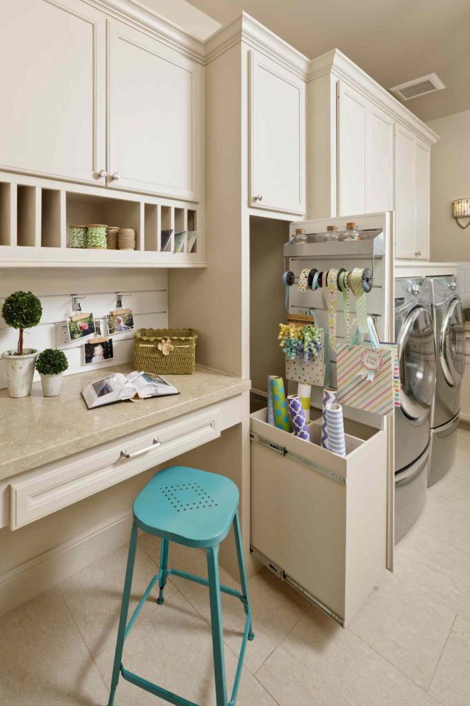 Laundry and craft tools in compartmentalized cabinets.
