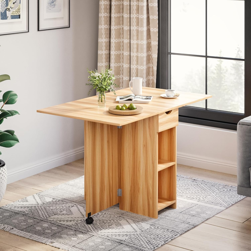 Compact foldable dining table with storage and modern chairs in a cozy room.