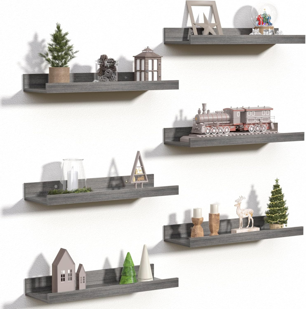 Home office desk with floating wooden shelves.