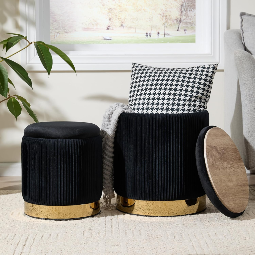 Compact black and gold lined ottoman with storage.