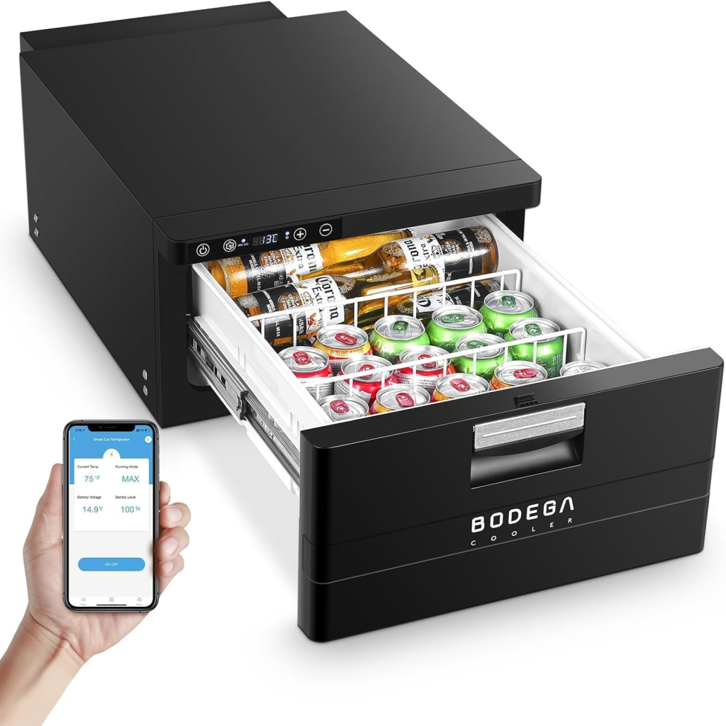 Drawer fridge with drinks inside.