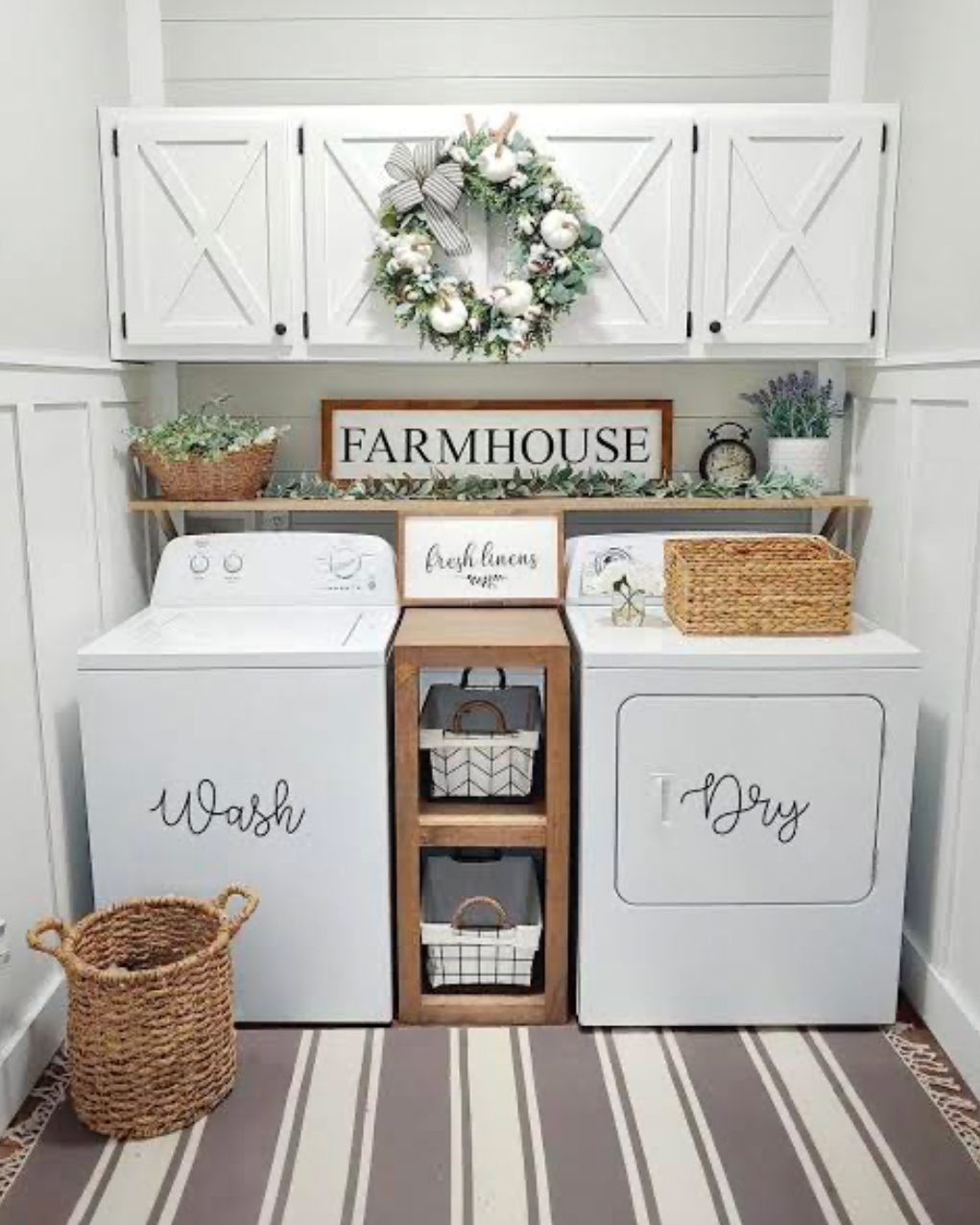 Farmhouse small laundry room with rustic decor and wicker baskets