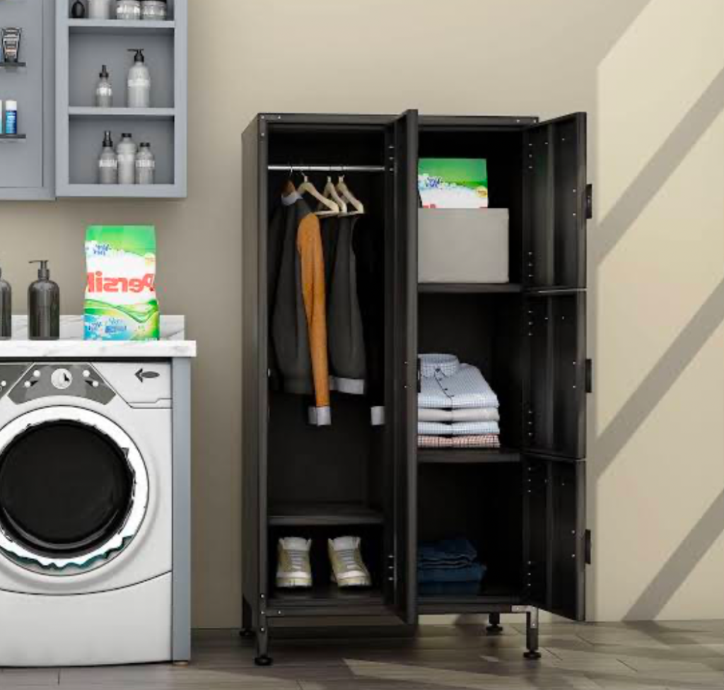 Laundry room with washer, detergent, and black wardrobe for clothes and shoes