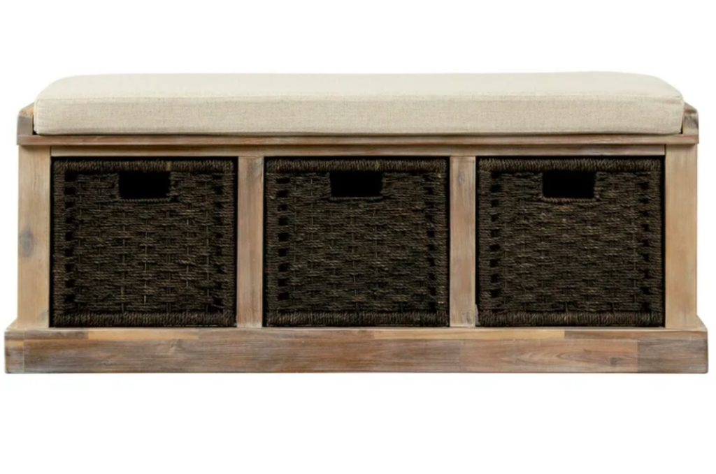 Rustic storage bench with cushion and three woven baskets