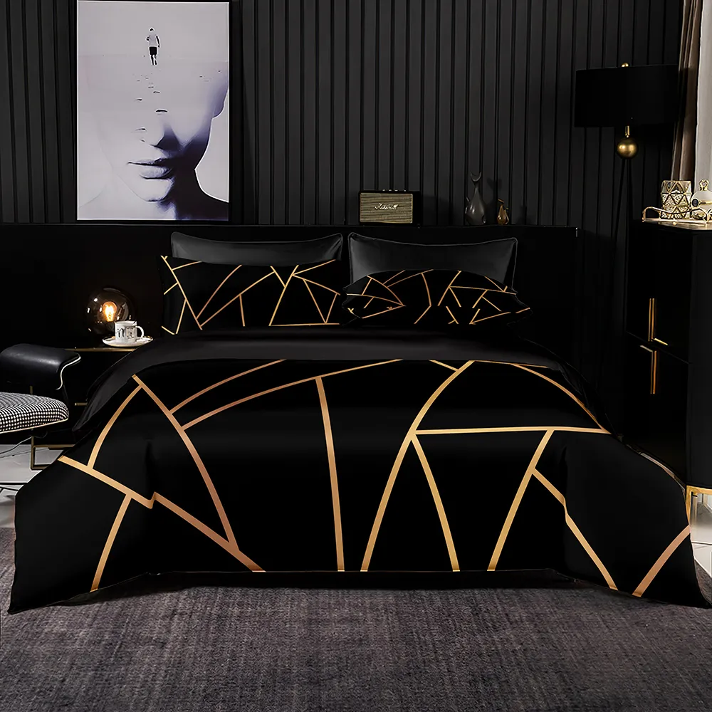 Black and gold geometric bedding in a dramatic modern bedroom.