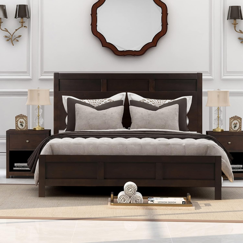Classic bedroom with dark wood bed and beige bedding.
