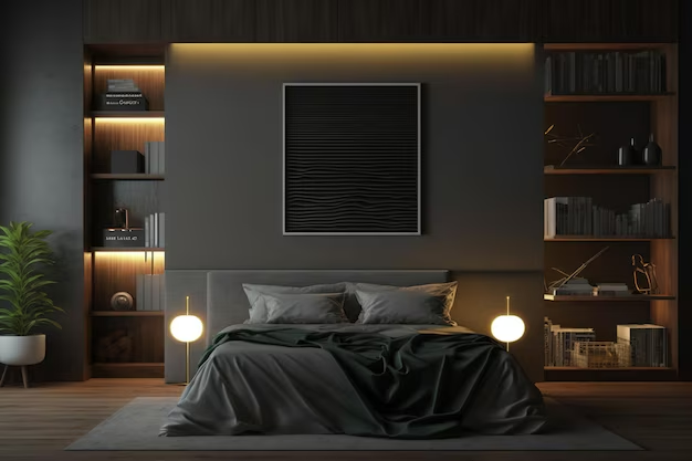 Moody modern bedroom with accent lighting and built-in shelves.