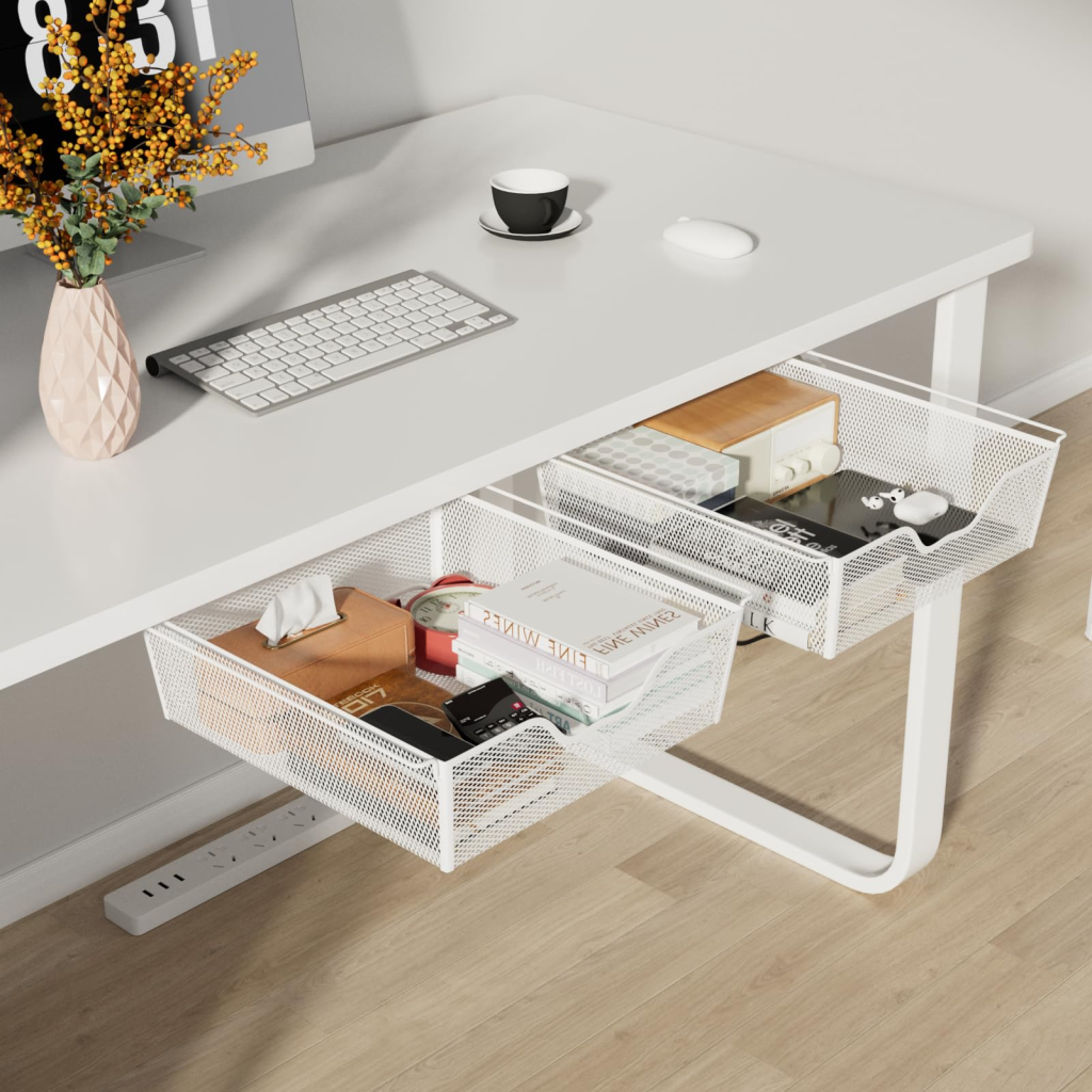 Minimalist white desk with sliding mesh drawers for organized storage.