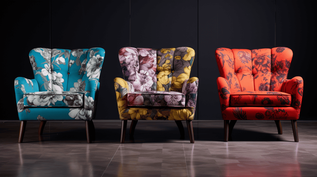 Three colorful floral accent chairs in front of a black wall.