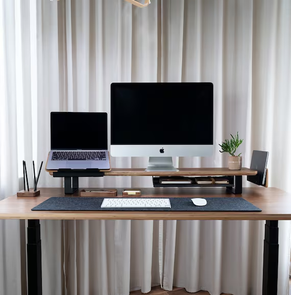 Wooden standing desk with monitor riser, laptop, and small indoor plant.