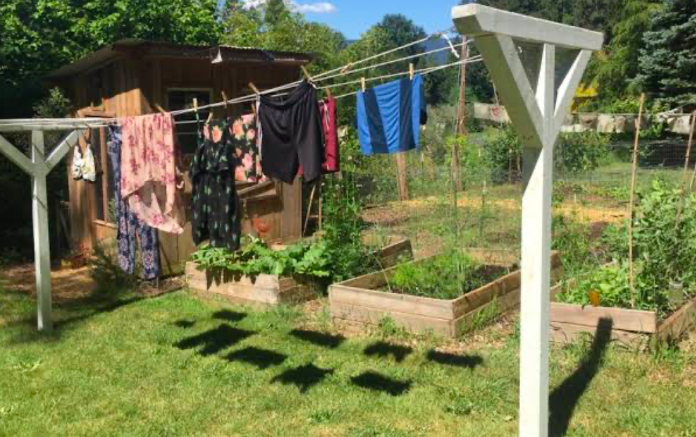 Clothesline with garments drying in backyard garden