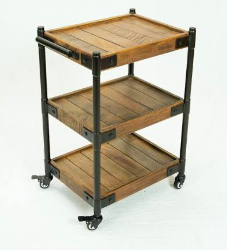 Three-tier wooden rolling cart with metal frame