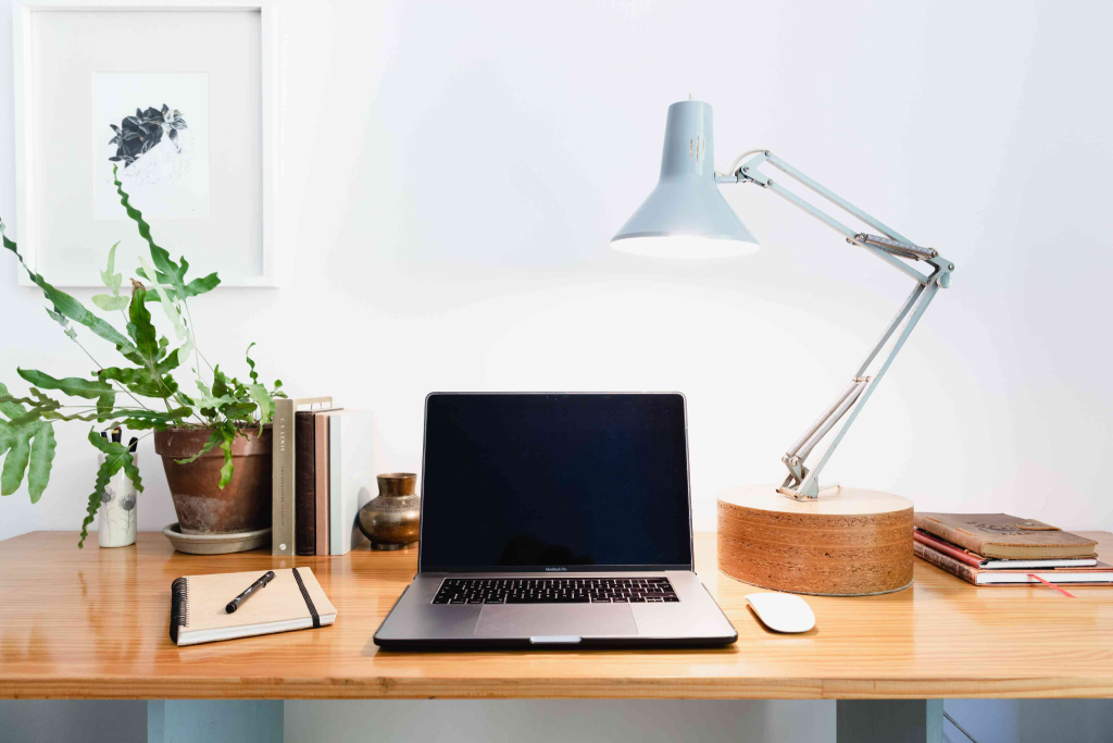 Minimalist wooden desk with a laptop, books, a desk lamp, and a potted plant on a light wood surface against a white wall.