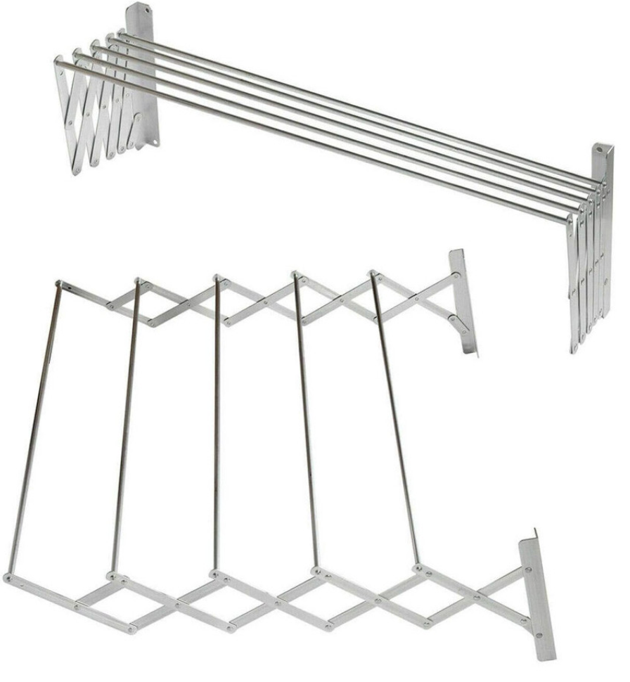 Expandable wall-mounted metal drying rack in folded and extended positions.