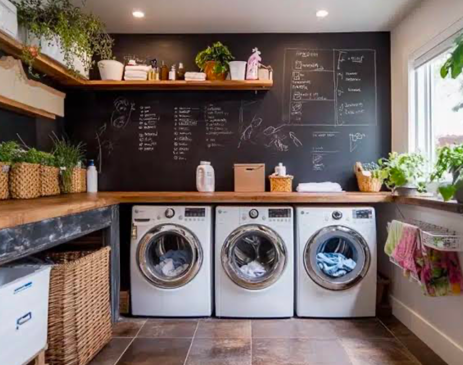 Laundry room with three washing machines and chalkboard wall for notes and décor.