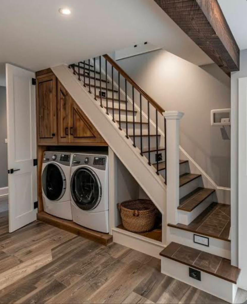 Laundry nook under stairs with wood cabinets and basket storage.