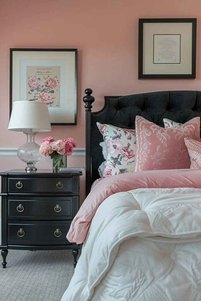 Pink accent bedroom with dark side table and floral pillows.