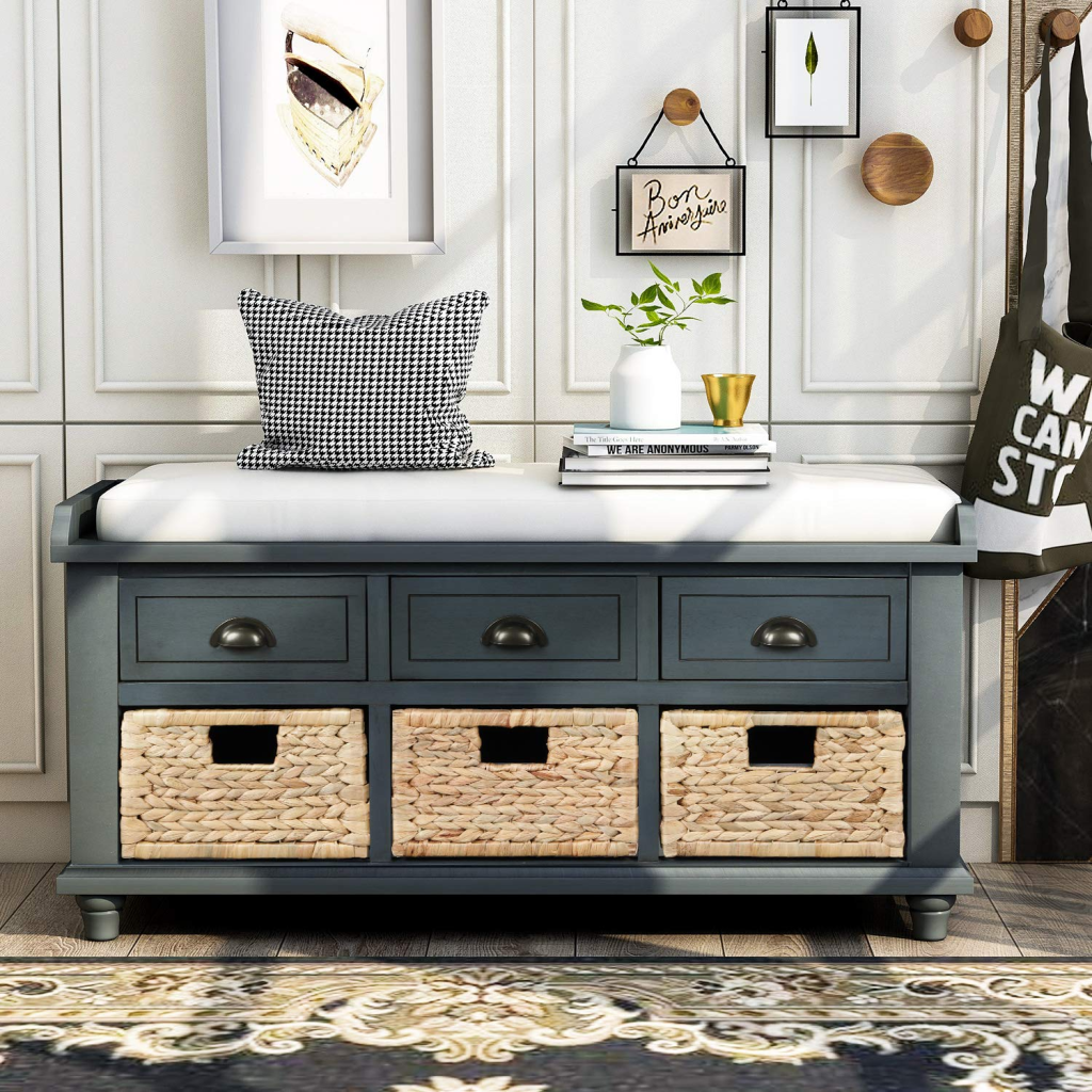 Rustic home office with wooden desk and wall decor.