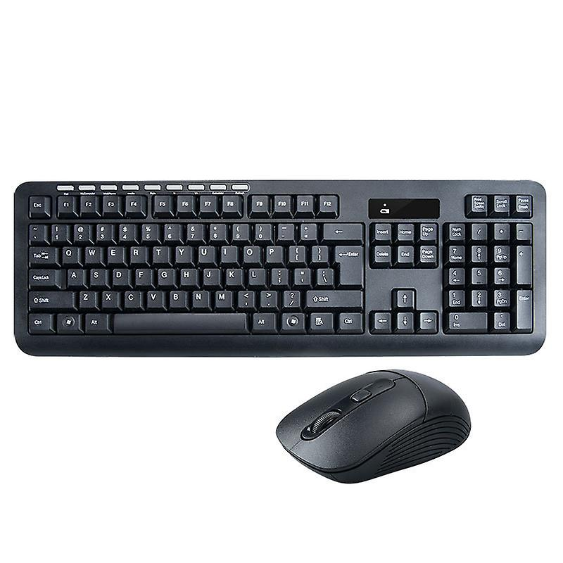 Black wireless keyboard and mouse on white background.