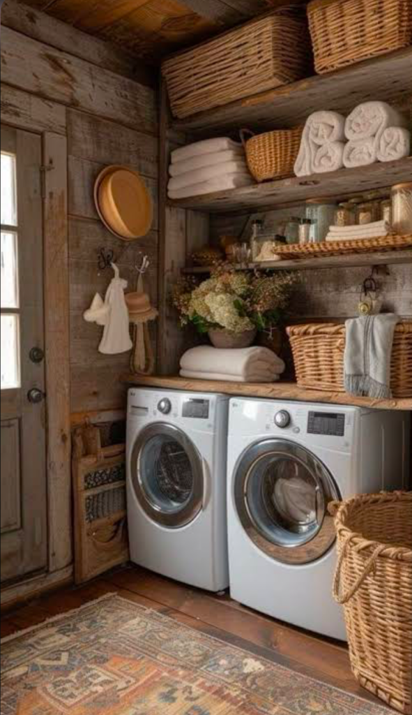 Rustic laundry room with wood walls, baskets, and floral decor.