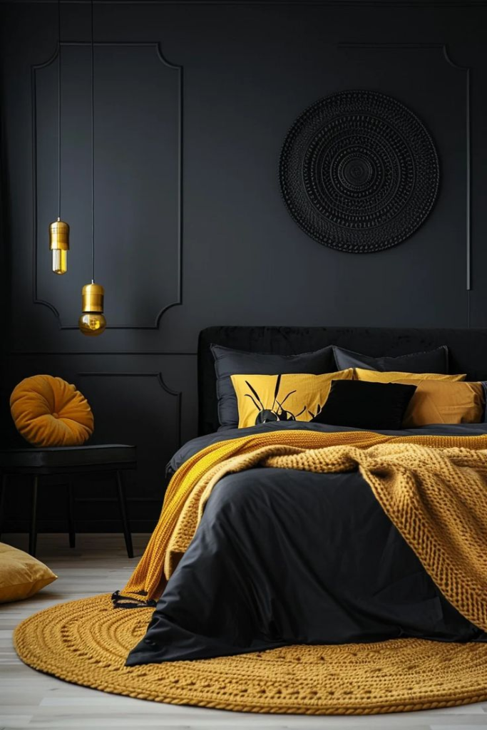 Black and mustard yellow bedroom with modern pendant lights.
