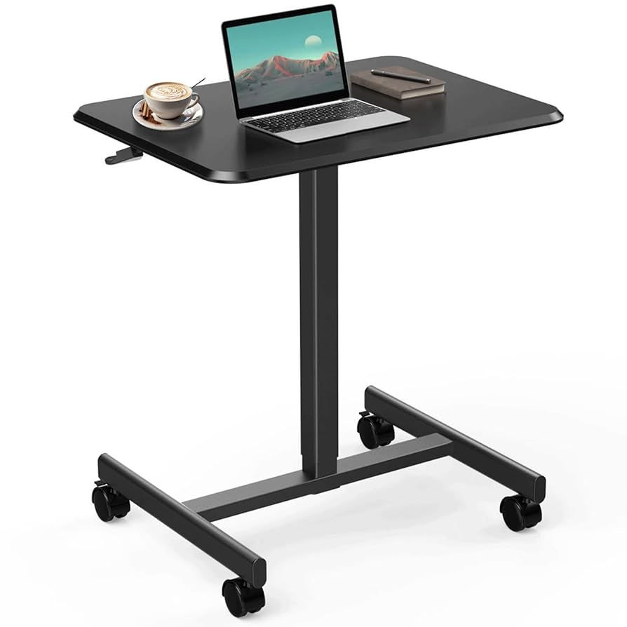 Mobile rolling desk with a laptop and coffee cup on a white background.