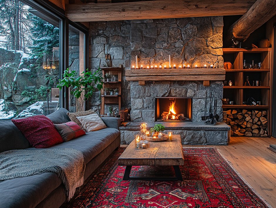 Rustic living room with stone fireplace, candles and red rug