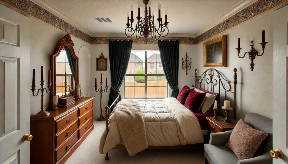 Traditional bedroom with wrought-iron bed, chandelier and drapes