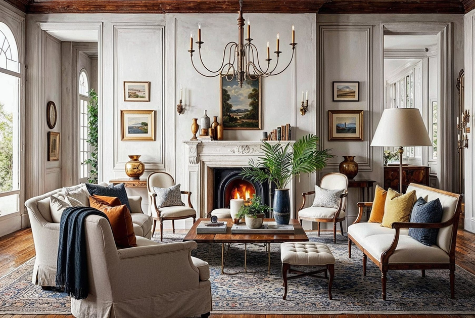 Classic living room with fireplace, paneled walls and gallery art