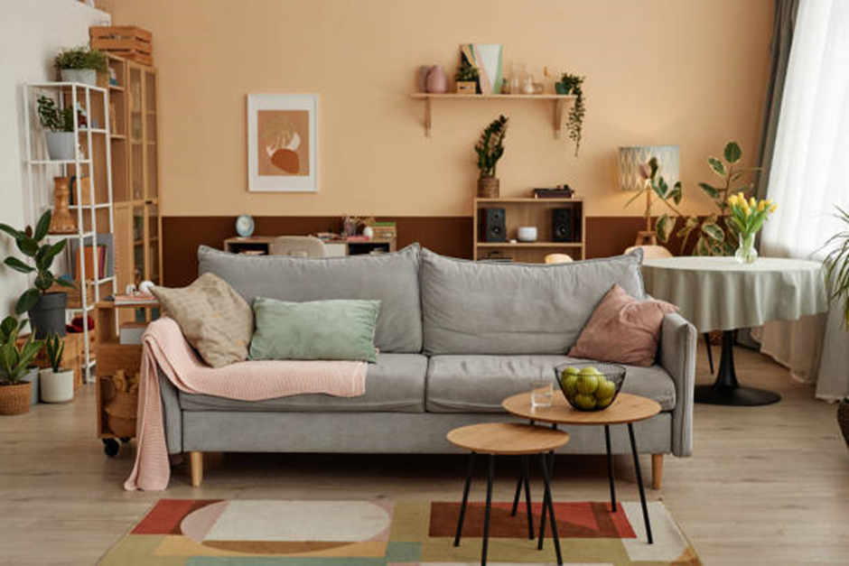 Neutral living room with gray sofa and plants