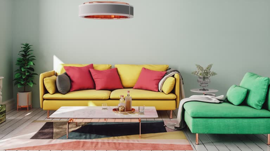 Colorful living room with yellow sofa, green chaise