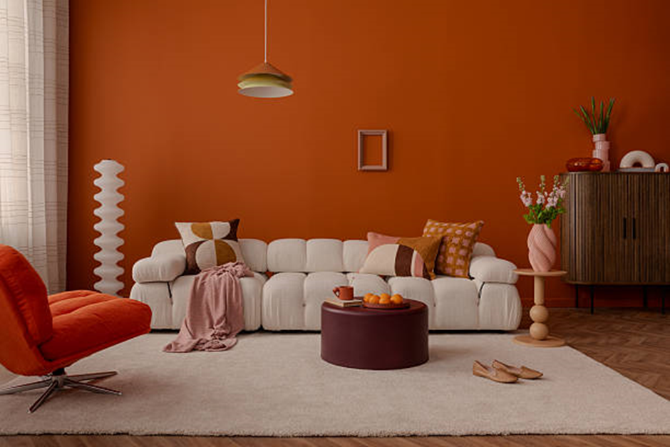 Terracotta living room with white sofa