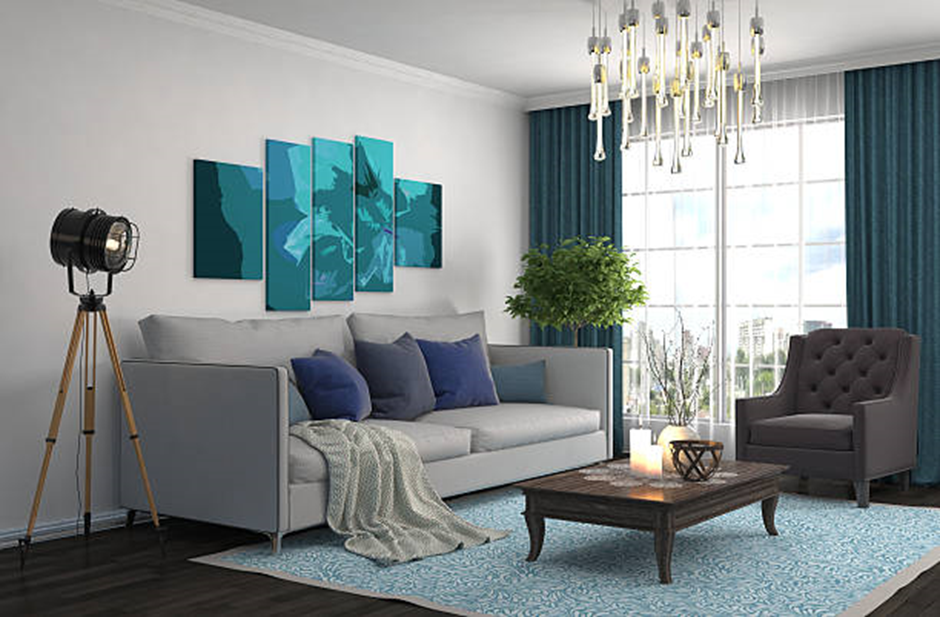 Blue-gray living room with teal curtains