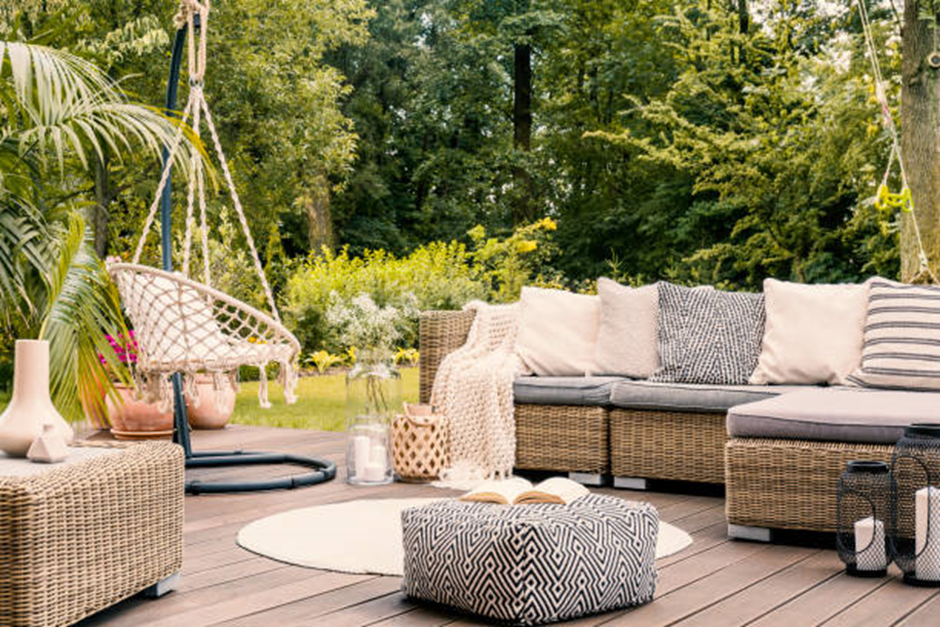 Outdoor rattan patio with swing chair