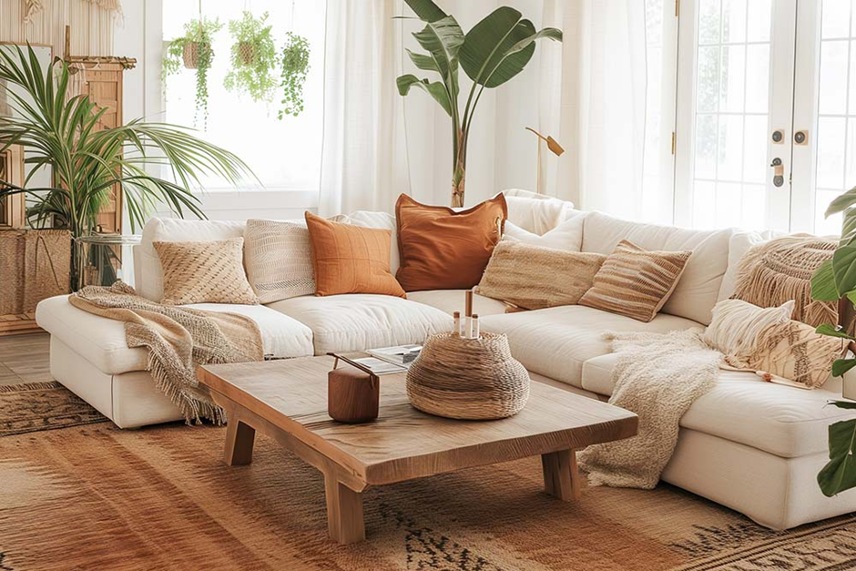 Boho neutral living room with plants and textures