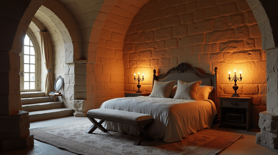 Cozy castle-style bedroom with arched stone walls, candle sconces, and neutral bedding.