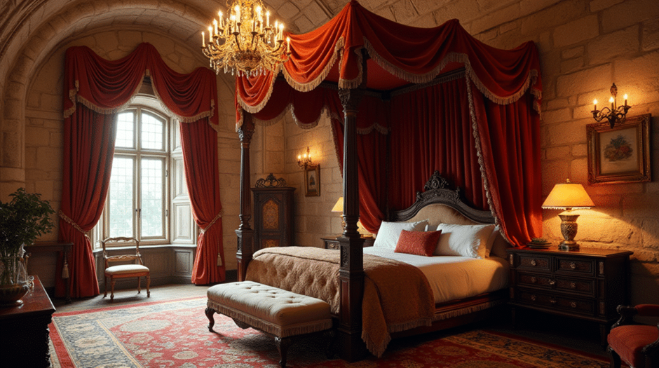 Grand medieval-inspired bedroom with red draped canopy bed, chandelier, and carved wood furniture.