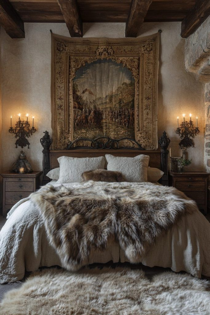 Old-world bedroom with large tapestry, wrought-iron sconces, and faux fur throw on bed and rug.