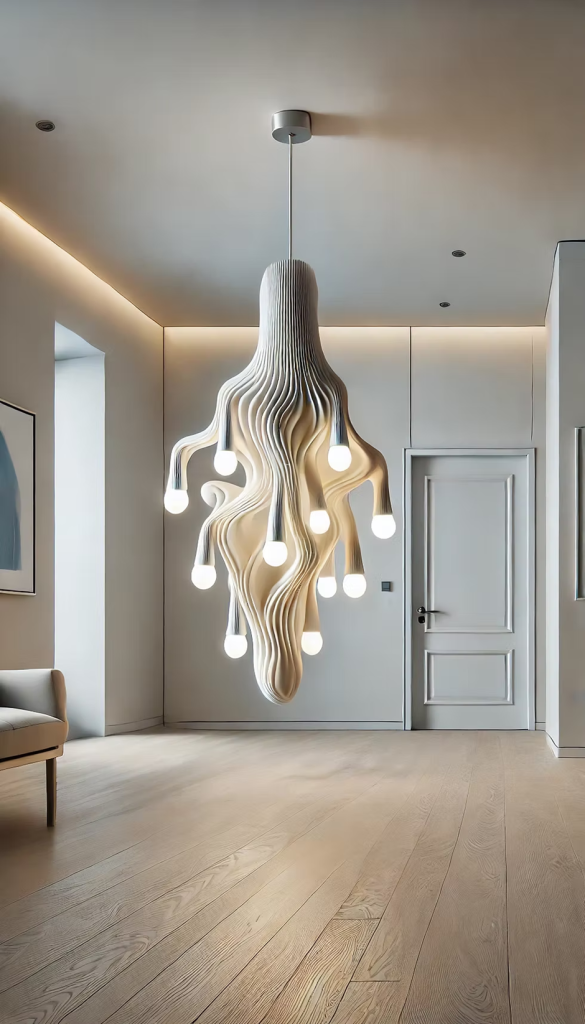 Organic surreal chandelier with multiple bulbs in a minimalist modern hallway.
