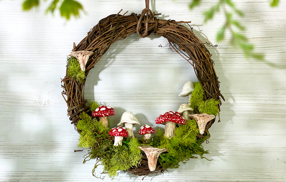Grapevine wreath with faux mushrooms and moss, woodland cottagecore decor