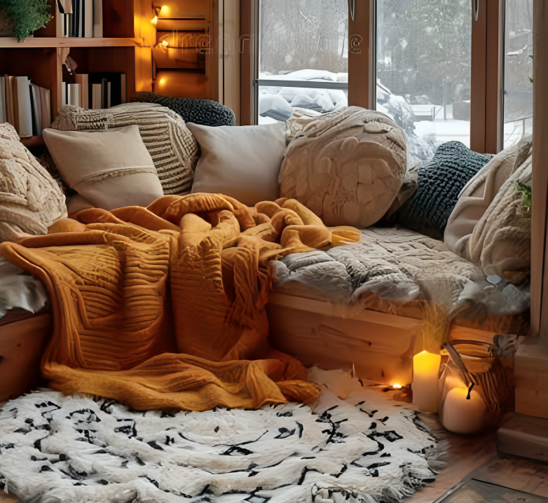 Winter window seat with knit pillows, blanket and candles