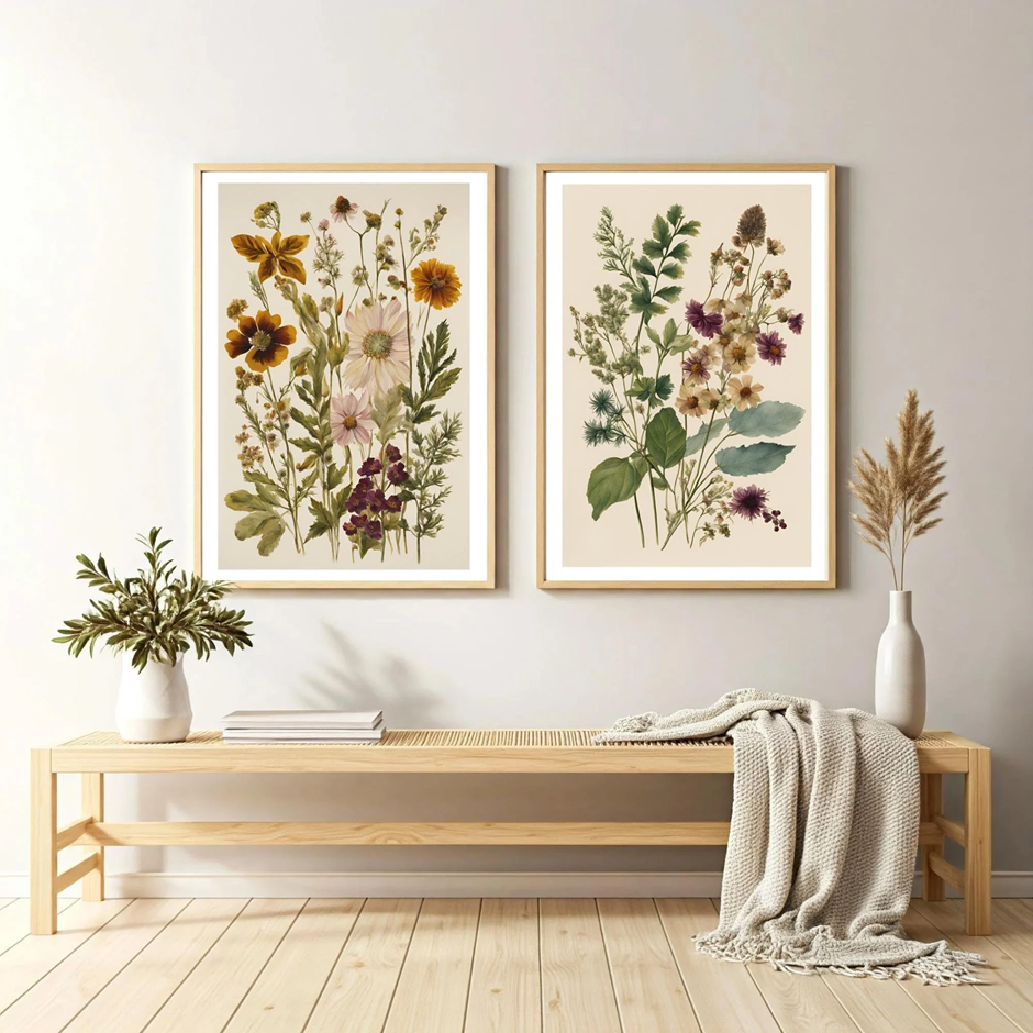 Pressed botanical wall art prints in gold frames above bench