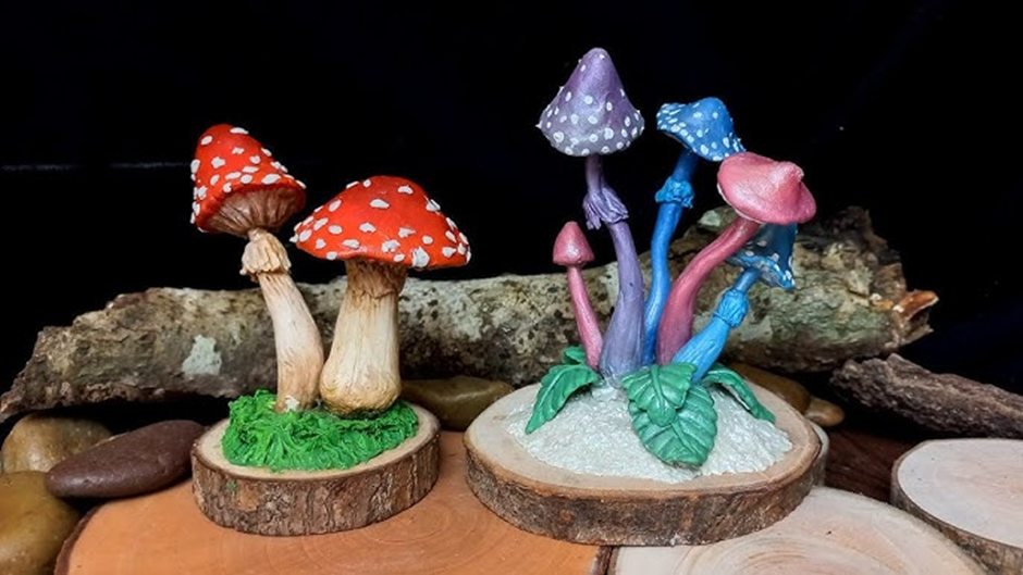 Polymer clay mushroom figurines on wood slices, fairy garden decor