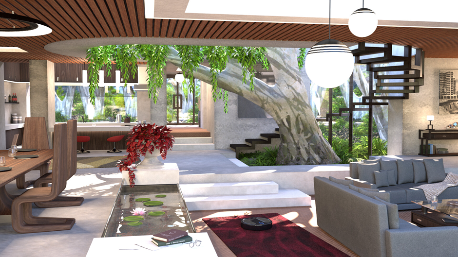 Biophilic living room with indoor tree and skylights, eco-friendly home design