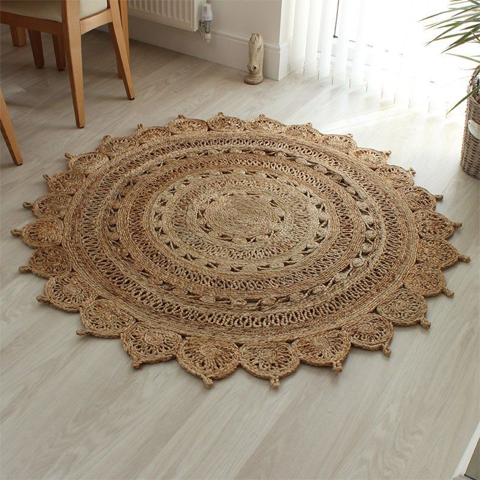 Round jute area rug on light wood floor, boho natural decor
