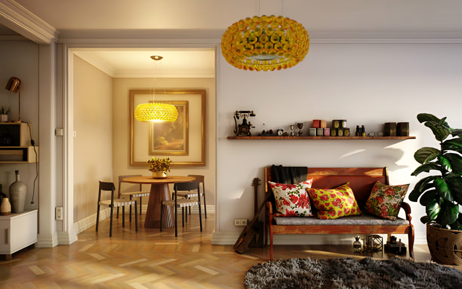 Warm dining-living room with yellow pendants and vintage decor
