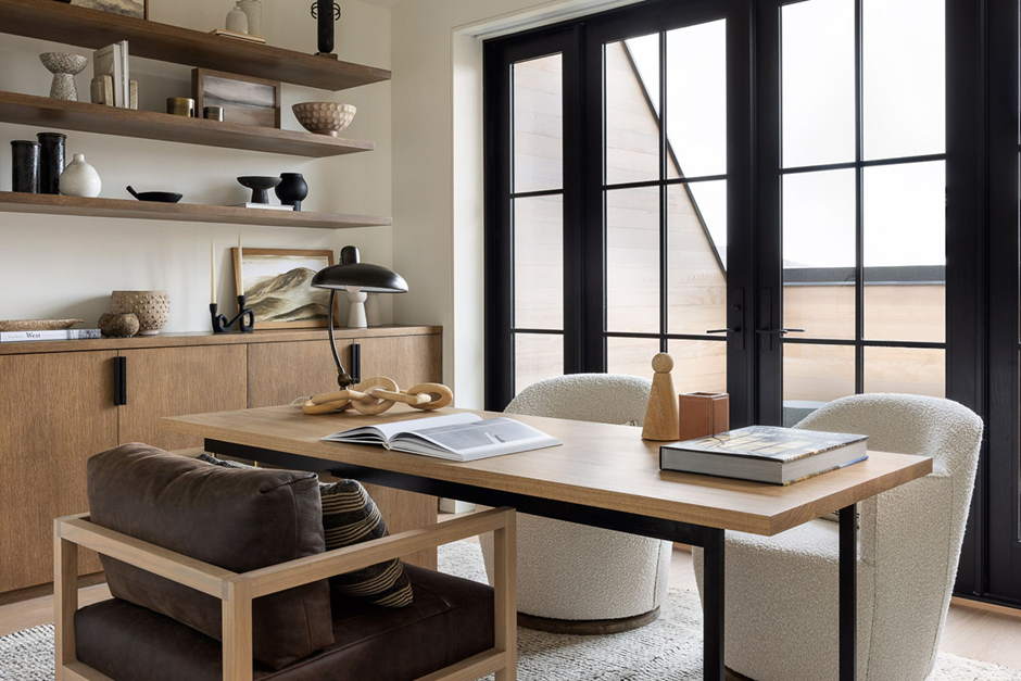 Modern home office design with wood shelves and black French doors
