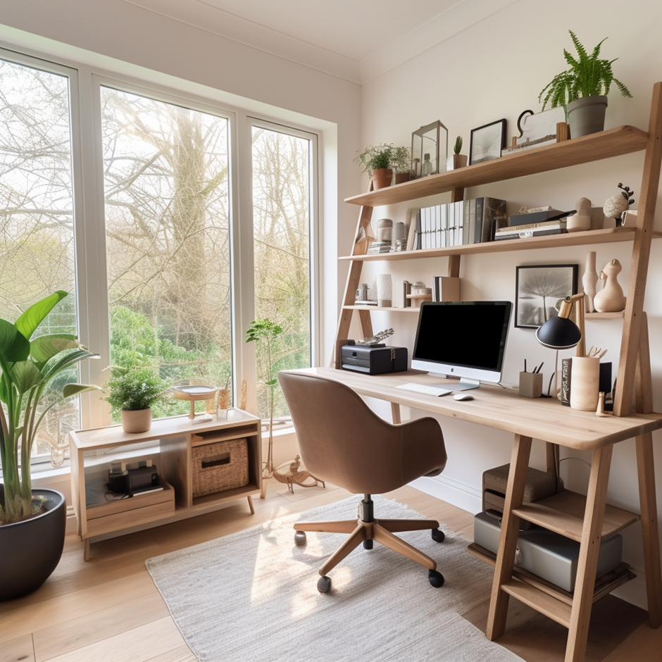 Scandinavian home office with ladder shelves, indoor plants, natural light